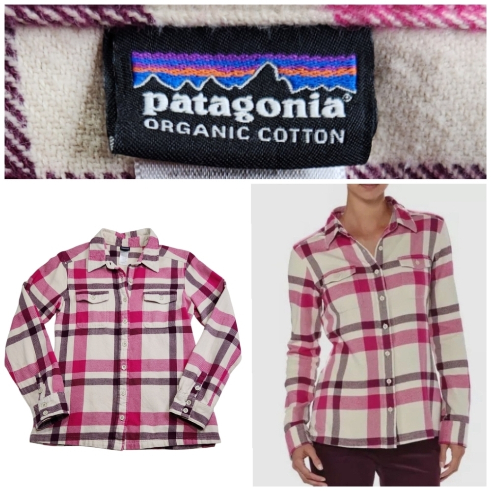 Patagonia Women's Fjord Flannel Plaid Pink & Cream Shirt Sz 2 Organic Cotton